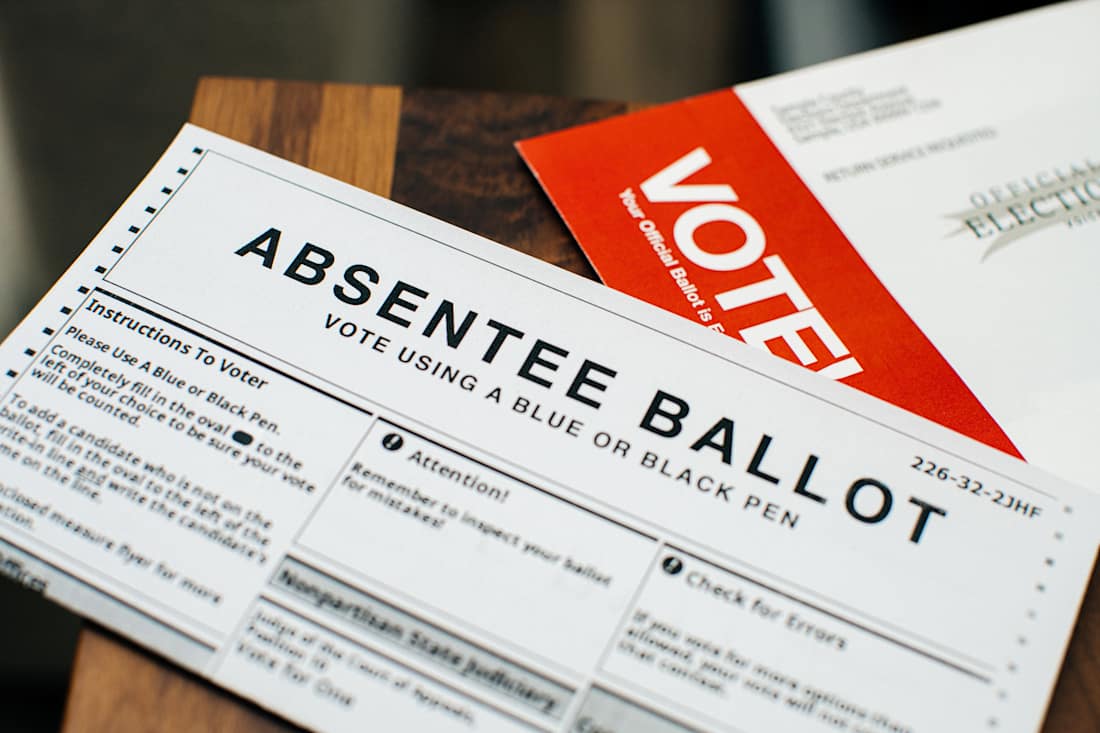 Close-up view of a Mail-in Absentee Voting Ballot for a Presidential, Senatorial, Congressional or Local Election